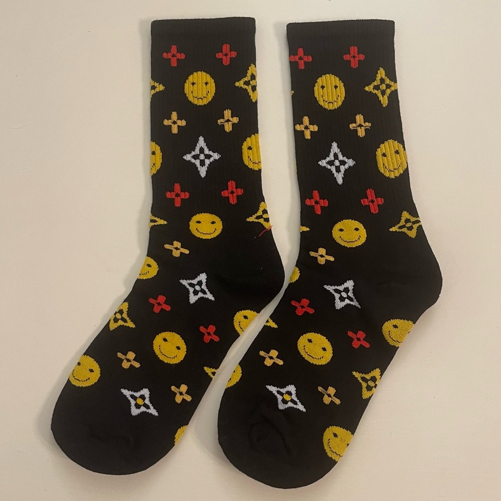 Brand New | Monogram Smiley Face Crew Socks - Black Multi - Picture 2 of 2